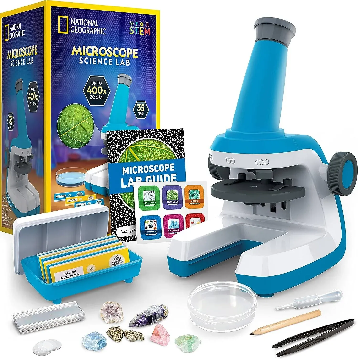 NATIONAL GEOGRAPHIC Microscope for Kids - STEM Kit with an Easy-to-Use Kids Microscope, Up to 400x Zoom, Blank and Prepared Slides, Rock and Mineral Specimens, and More, Great Science Project Set