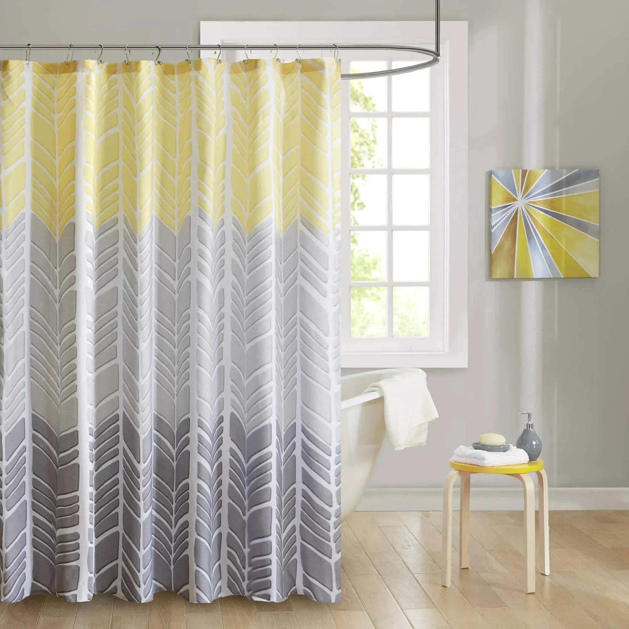 Intelligent Design Adel Shower Curtain, Colorblock Geometric Chevron Design, Modern Bathroom Decor, Machine Washable, Fabric Privacy Screen 72x72, Yellow/Grey