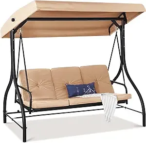 Best Choice Products 3-Seat Outdoor Converting Canopy Swing Glider Patio Hammock w/ Removable Cushions - Tan