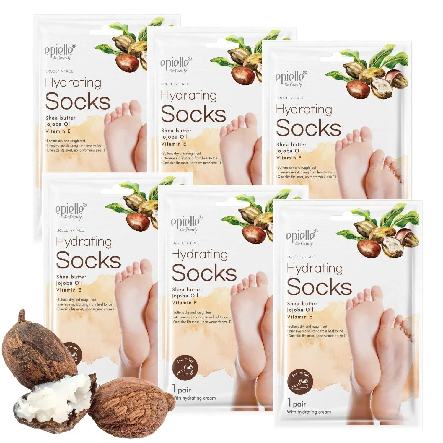 New Epielle Hydrating Foot Masks (Socks 6pk) for Cracked Feet, Dry Heels, Toes and Callus - Shea Butter + Jojoba Oil + Vitamin E Moisturize Feet & So