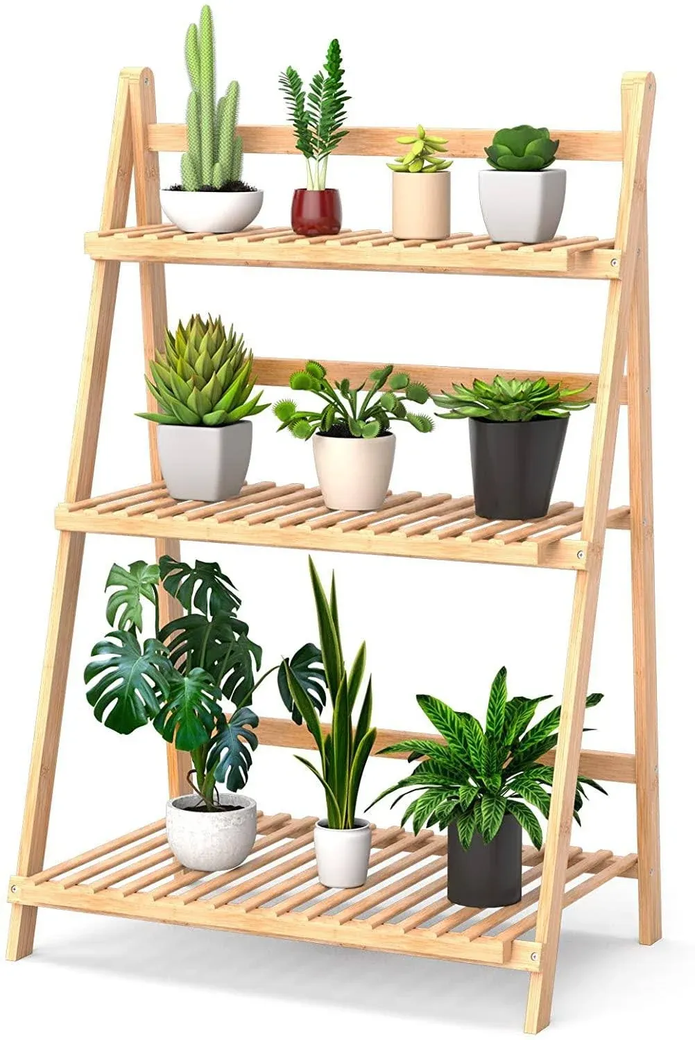 Costway 3 Tier Bamboo Folding Plant Shelf Stand Flower Pot Display Rack