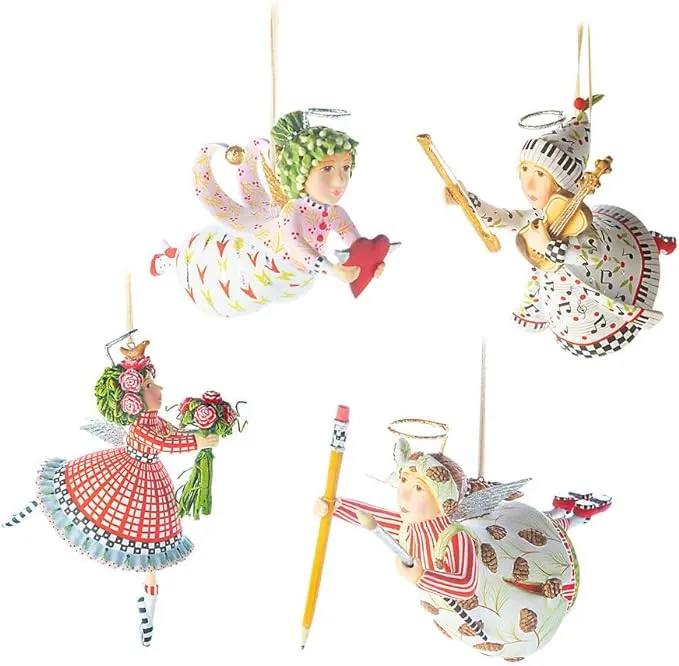 MACKENZIE-CHILDS Patience Brewster Mini Paradise Angel Ornaments, Christmas Ornament Set for The Christmas Tree, Set of 4