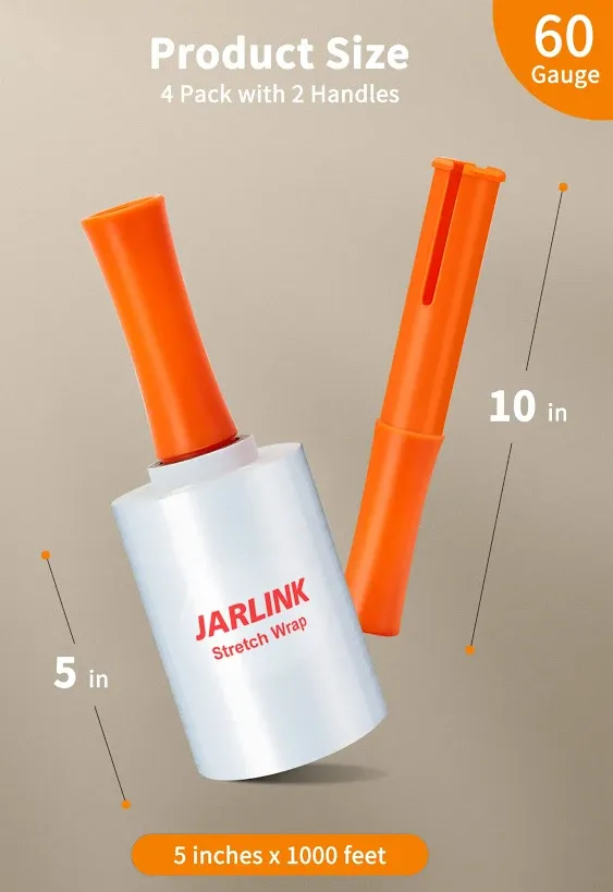 JARLINK 4 Pack Plastic Film Roll with Plastic Handles, 60 Gauge Thick, 5" x 1000ft Plastic Pallet Film, Industrial Strength Stretch up to 500% Stretch for Moving, Packing, Wrapping, and Shipping