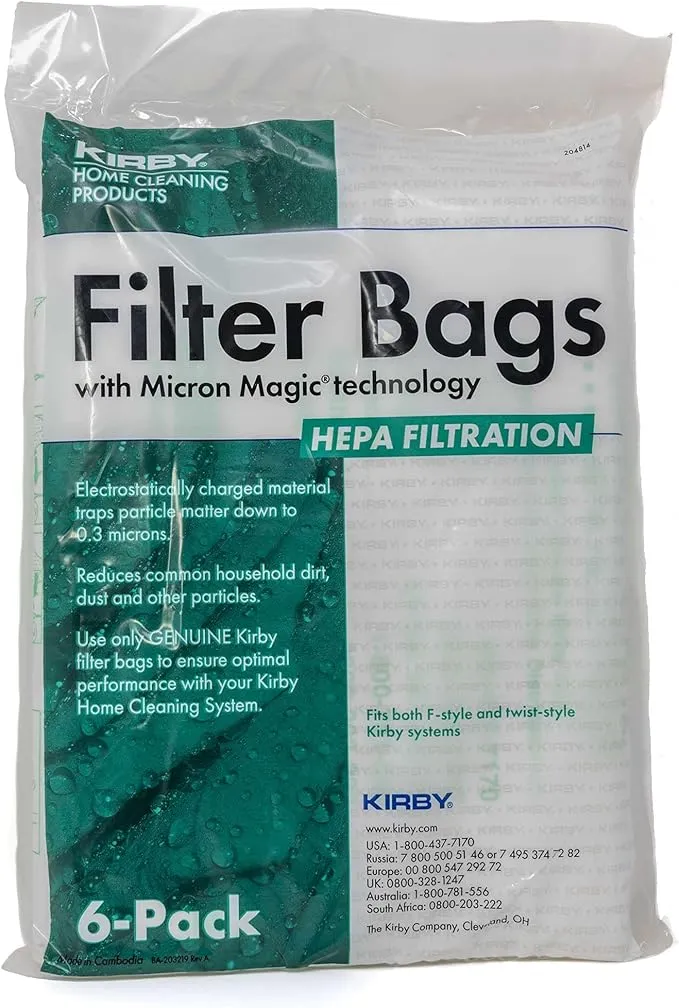 Kirby 204814 Micron Magic HEPA Filter Plus Bags, 6, White Vacuum Bags