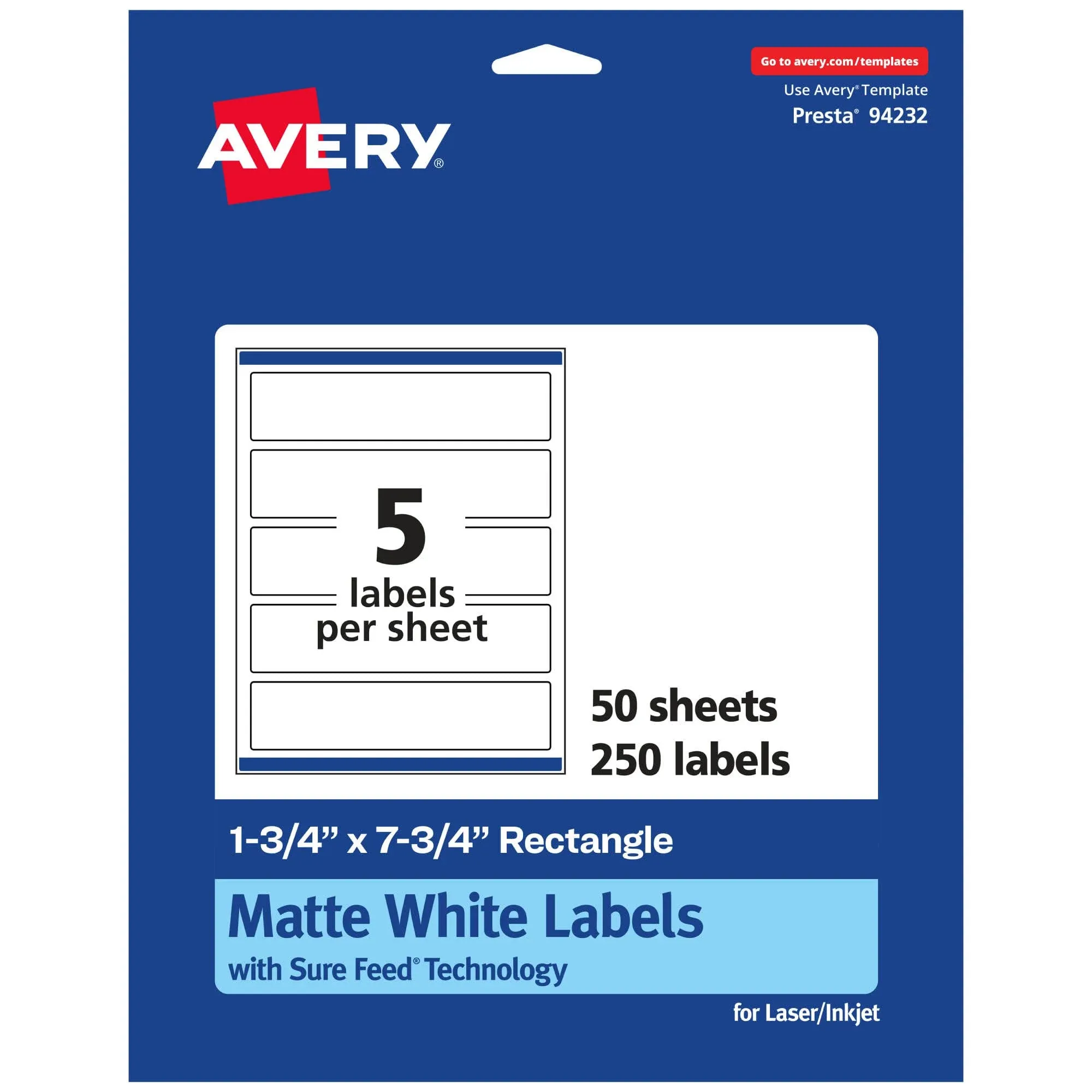 Avery Matte White Rectangle Labels with Sure Feed, 1.75" x 7.75", 125 Matte White Printable Labels